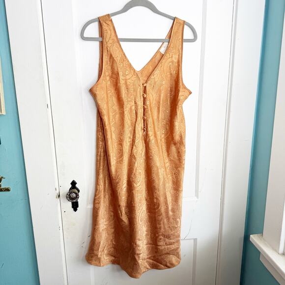 Vintage Other - Vintage Satin Embossed Floral Print Slip Dress Orangish Brown Deep V-Neck Large